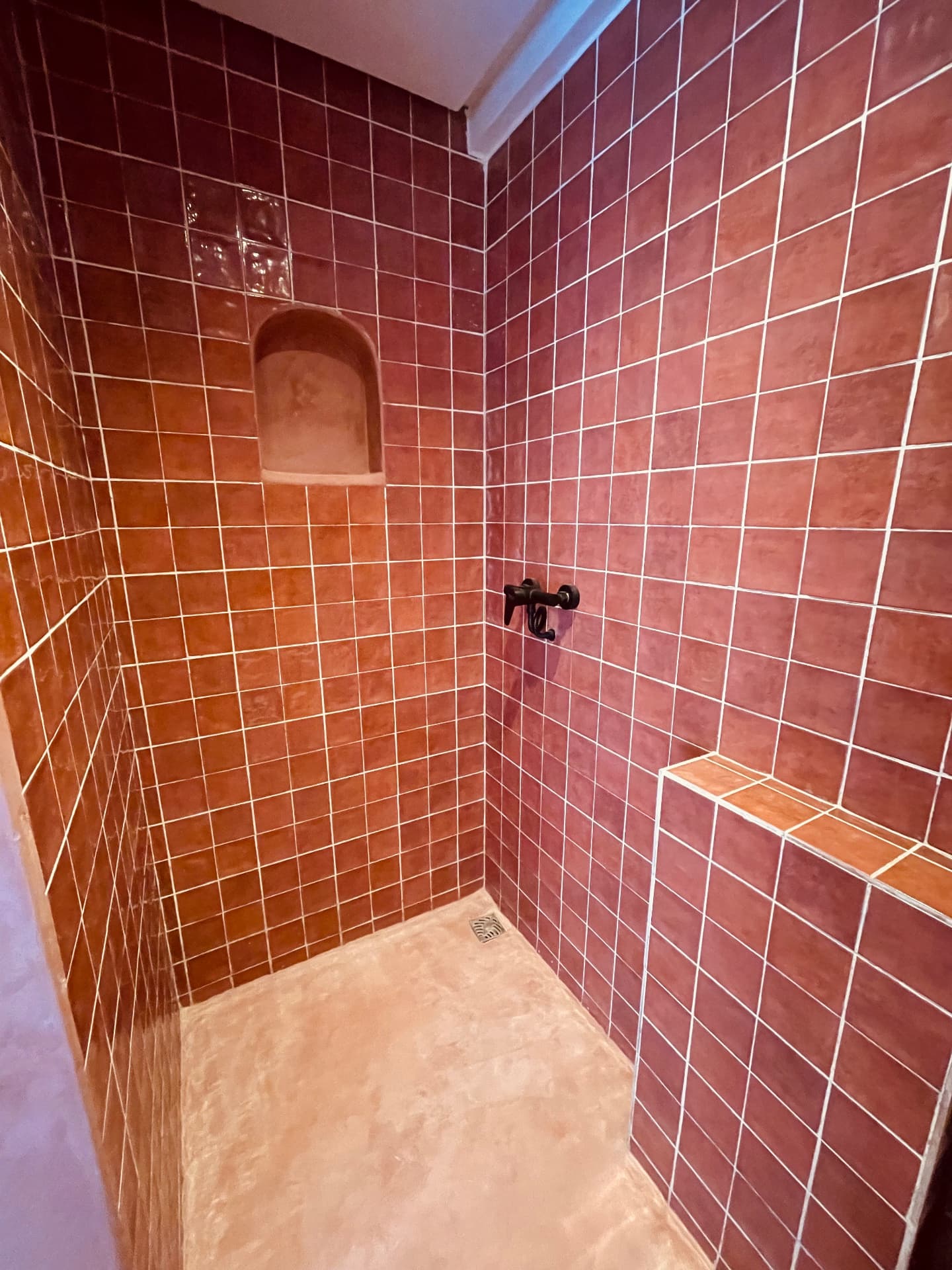 Douche privative carrelée de zellige terracotta avec niche arrondie