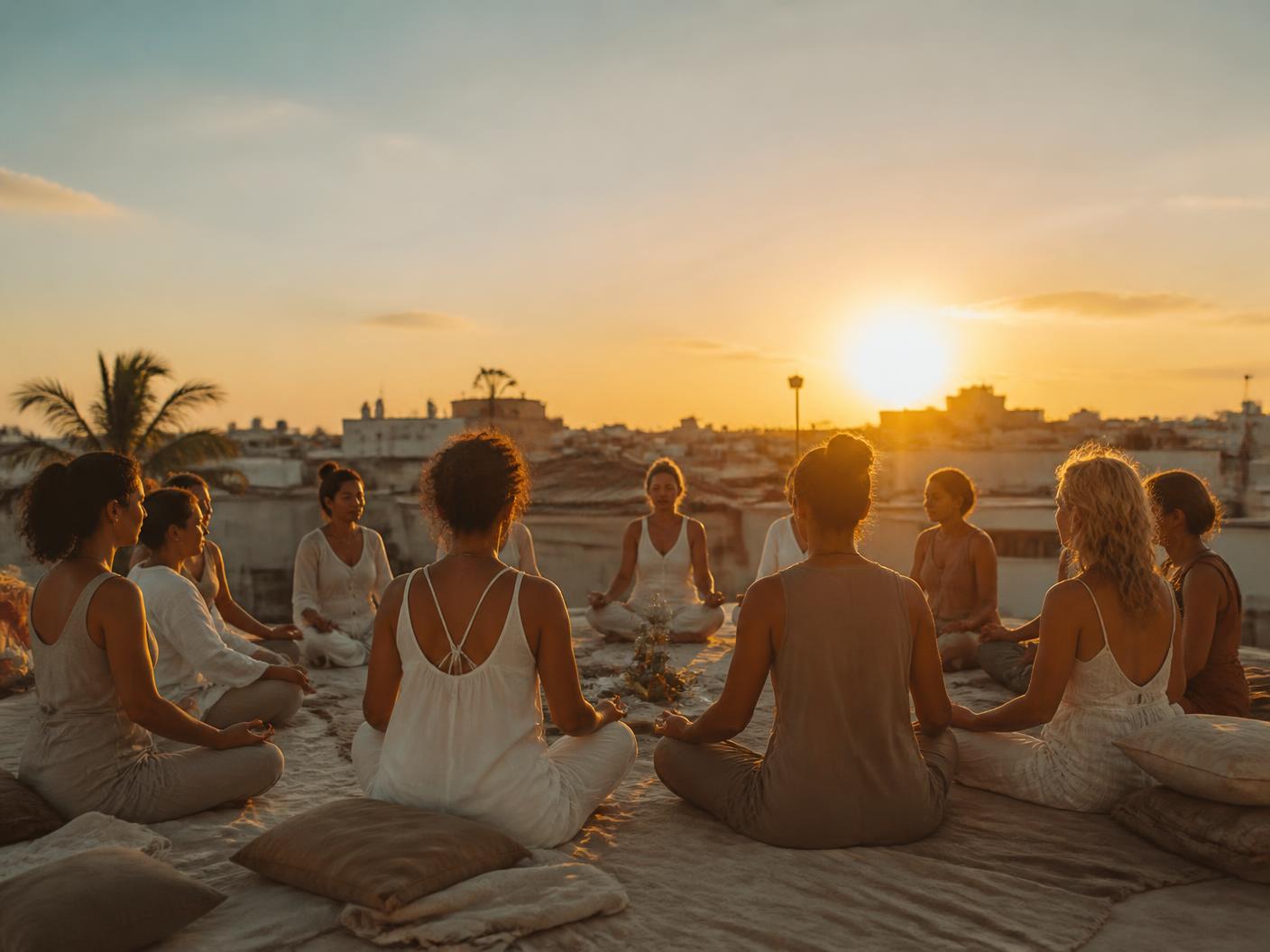 Cercle de femmes en séance de breathwork sur un toit au coucher du soleil